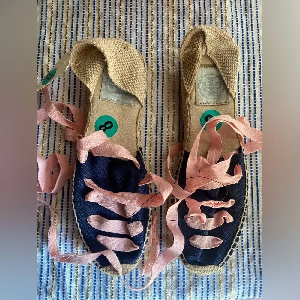 Tory Burch Womens Espadrilles  size 8 Navy /pink  Ankle Wrap Woven Natural NEW